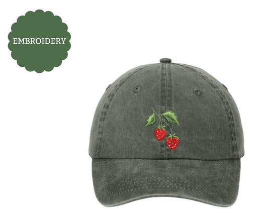 Embroidered strawberry hat - nature cap -  cottage core hat - strawberry hat