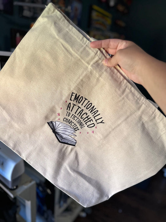 Embroidered Emotionally Attached to Fictional Character Book Tote - Book Bag - Book Store Bag - Library Bag - Booktok Canvas bag