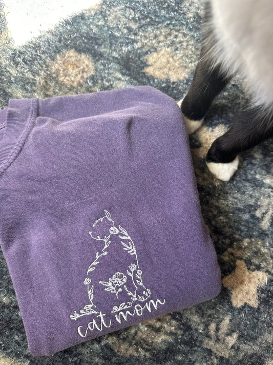Embroidered CAT MOM  Short Sleeve Shirt - Floral cat Mama Shirt - cat comfort color shirt - Mom gift - custom cat shirt - cat mom tee