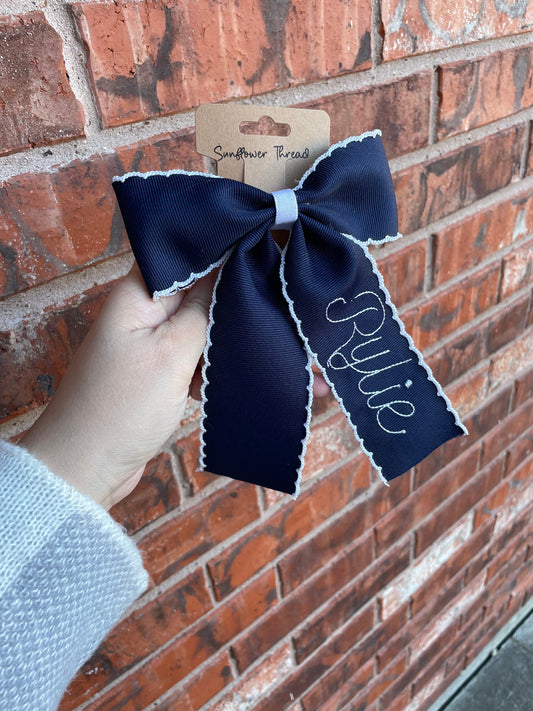 Embroidered school mascot scolloped edge Bow with Name - school spirit bow - Embroidered scolloped Bow