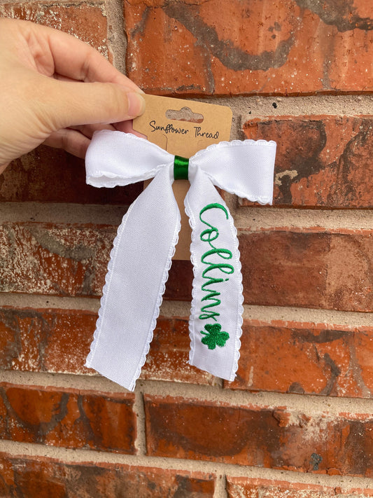 Embroidered St. Patrick Day bow  - shamrock bow - St Pattie’s Day Bow - Personalized St. Patrick Day Bow with name