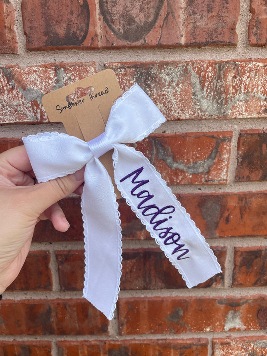 Embroidered Bow with Name - Personalized  Bow - Embroidered Moonstitch Bow
