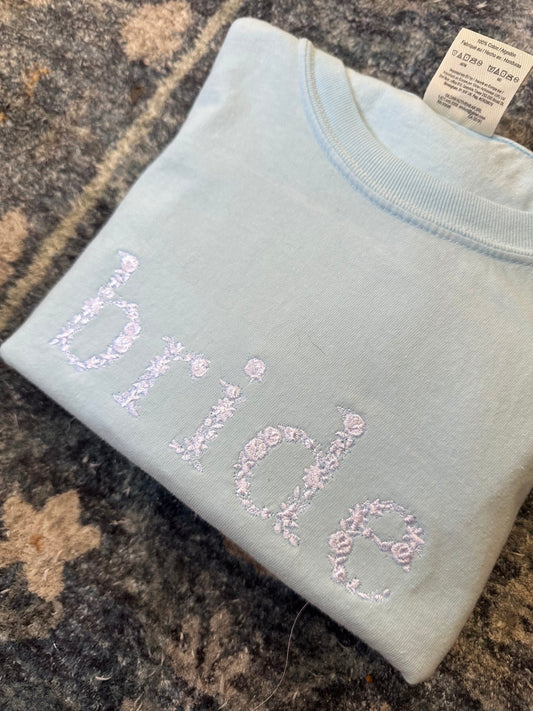 Embroidered Floral Bride Shirt - Domething Blue Shirt - Bride gift - Bridal shower gift - engagement shower gift - honeymoon shirt
