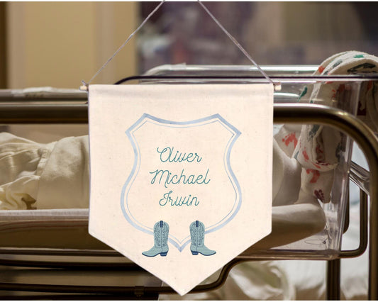 Embroidered boot Nursery Baby Boy Banner - Country Welcome Banner - Boy Hospital Door Sign - Country Baby Shower