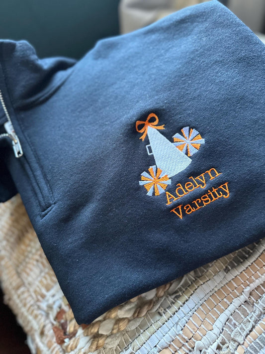 Embroidered Cheer Mom Quarter Zip - Cheerleader pullover - personalize varsity pullover - Megaphone and pom pom Quarter zip -Cheer sweatshir