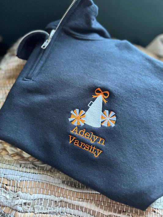Embroidered Cheer Mom Quarter Zip - Cheerleader pullover - personalize varsity pullover - Megaphone and pom pom Quarter zip -Cheer sweatshir