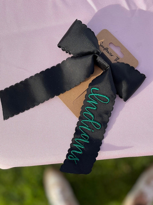 Embroidered school mascot scolloped edge Bow with Name - school spirit bow - Embroidered scolloped Bow