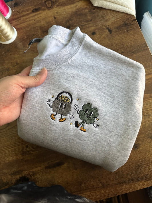 Embroidered Shamrock and pot of gold, Women's St. Patrick's Day Sweatshirt, Embroidered St. Patty's Day Crewneck, Festive St. Patty Sweater