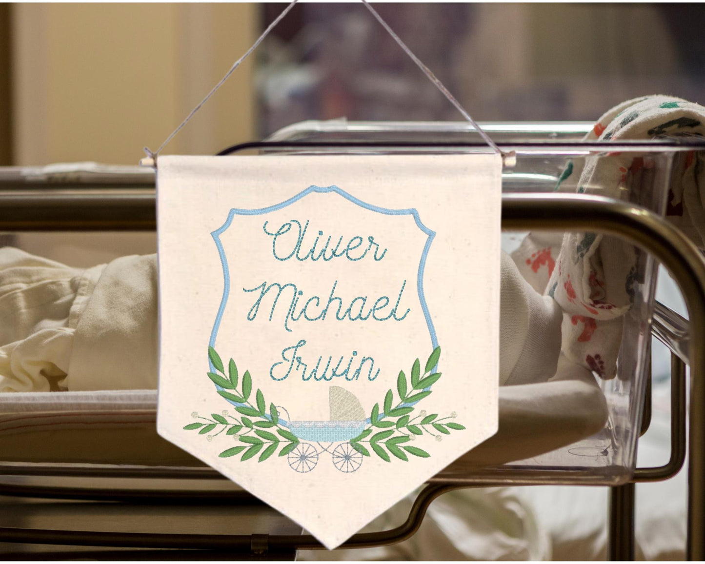 Embroidered Baby Banner with Boy Carriage Nursery Baby Banner - Carriage Welcome Banner - Boy Hospital Door Sign - Vintage Baby Shower
