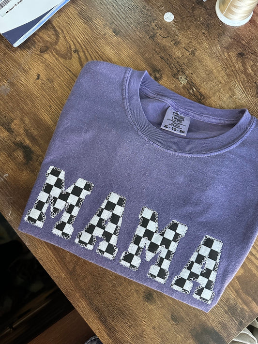 Embroidered checkered Mama Short Sleeve Shirt - Appliqué Mama Shirt - Mama gift - Mom gift