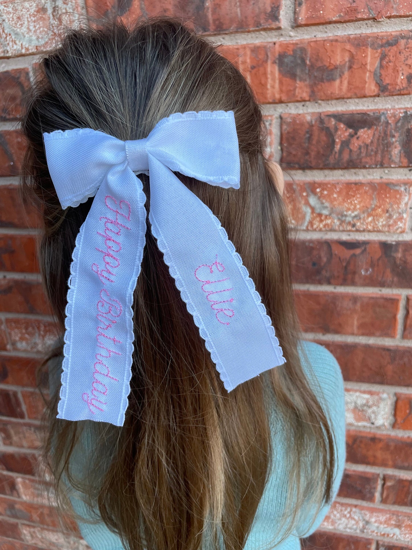 Embroidered Happy Birthday Bow with Name - Personalized Happy Birthday Bow - Embroidered Moonstitch Birthday Bow