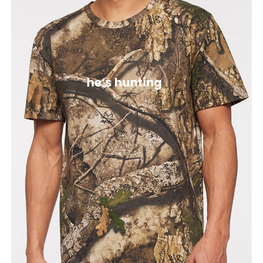 Embroidered he’s hunting camo shirt - wife hunting shirt - girlfriend hunting hat - father’s day gift - hunting boyfriend shirt