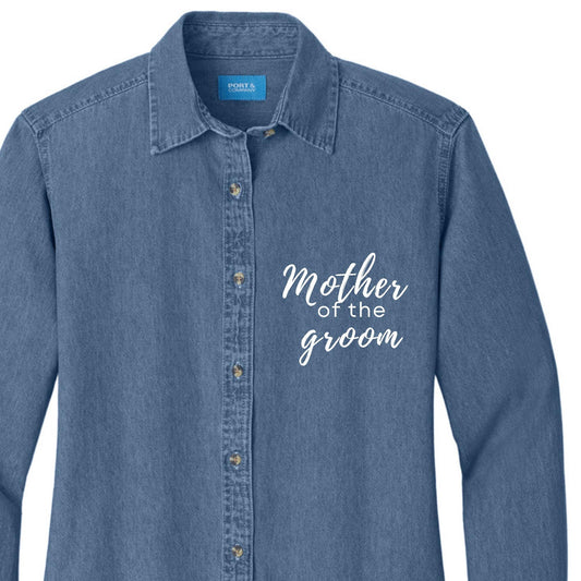 Embroidered Bride Button Down Mother of the Groom Denim long sleeve shirt - Domething Blue denim - Bride gift - Bridal shower gift