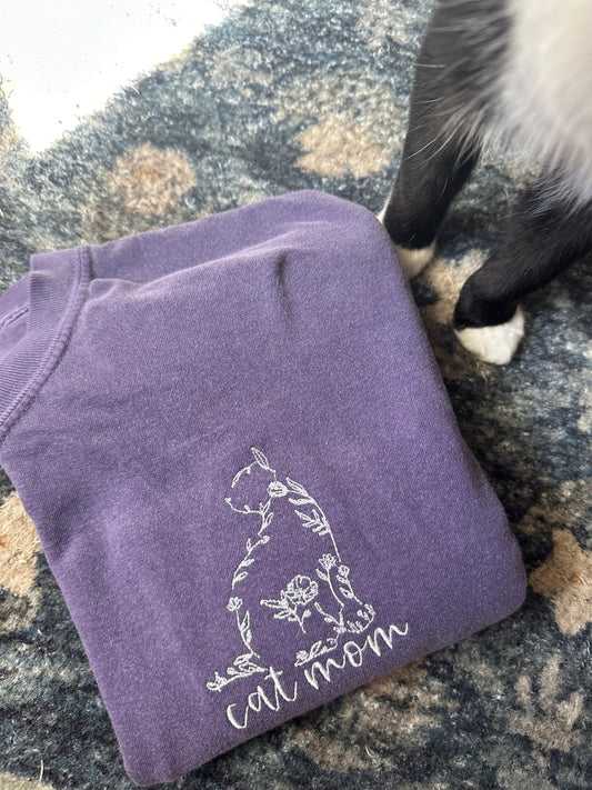 Embroidered CAT MOM  Short Sleeve Shirt - Floral cat Mama Shirt - cat comfort color shirt - Mom gift - custom cat shirt - cat mom tee
